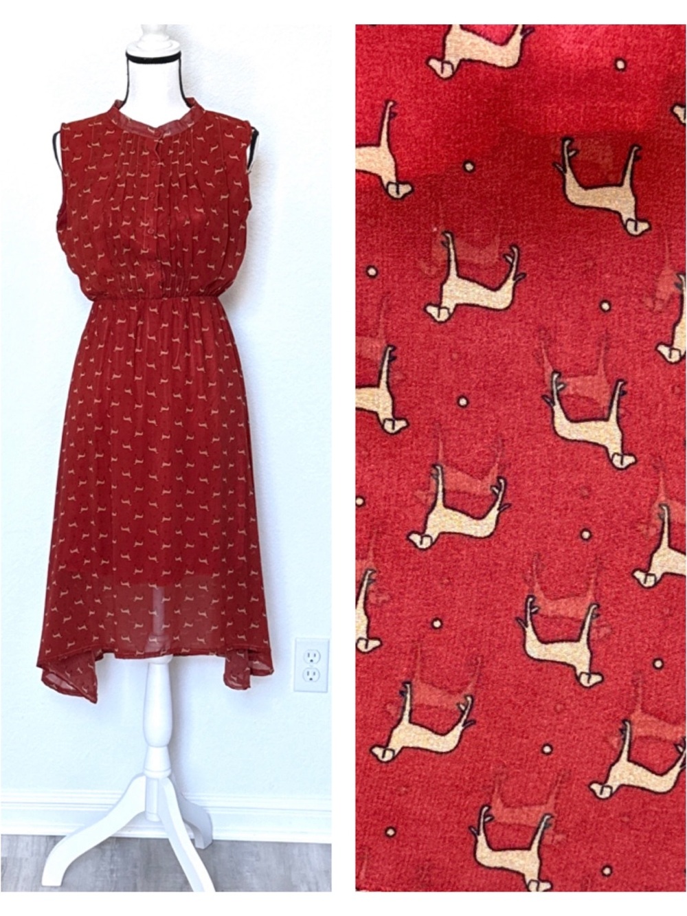 Size S/M Rust Orange and Tan Canine Print Sleeveless Dress with Pintuck Pleats